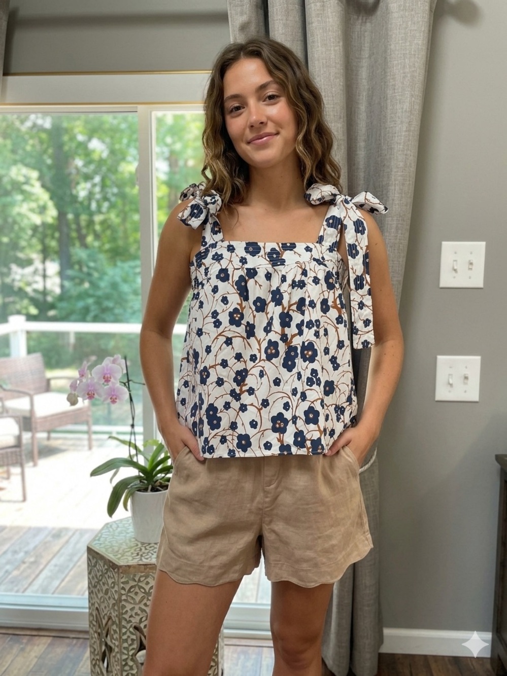 AMUR Floral Tie-Shoulder Top - White & Navy